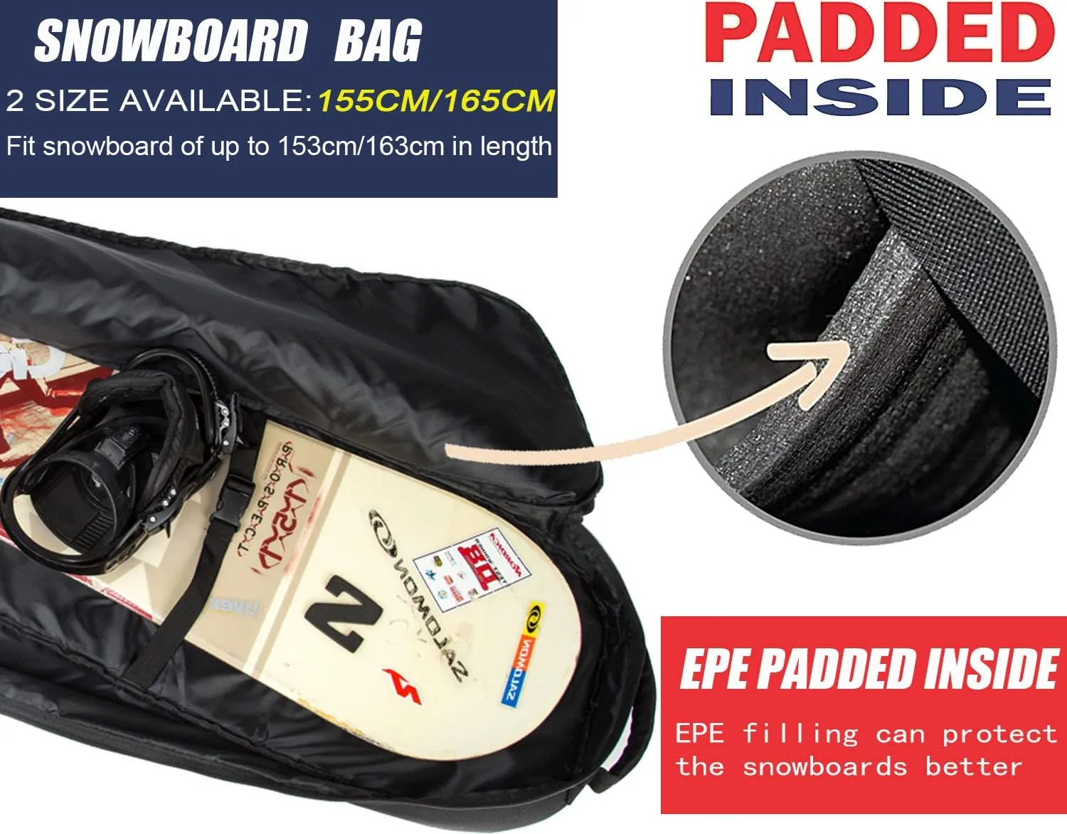 Snowboard Bag for Air Travel,Padded Snowboard Bag Fit Board, Boots, Clothes, Helmet and Gear,Available Length in 155cm 165cm.