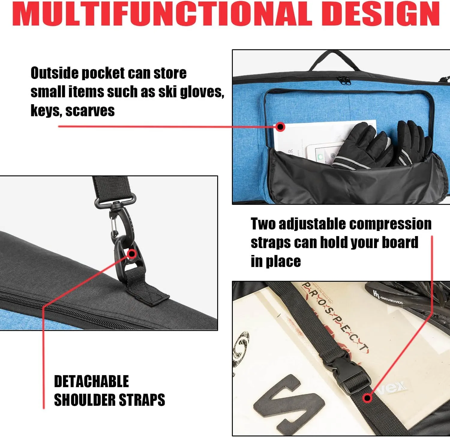 Snowboard Bag for Air Travel,Padded Snowboard Bag Fit Board, Boots, Clothes, Helmet and Gear,Available Length in 155cm 165cm.