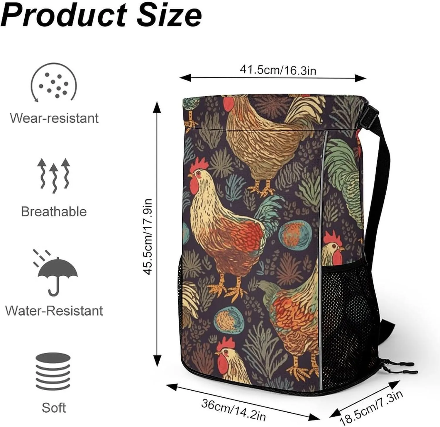 Sports Drawstring Backpack,Chicken Print String Swim Gym Bag with Shoes Compartment Gym Drawstring Bag