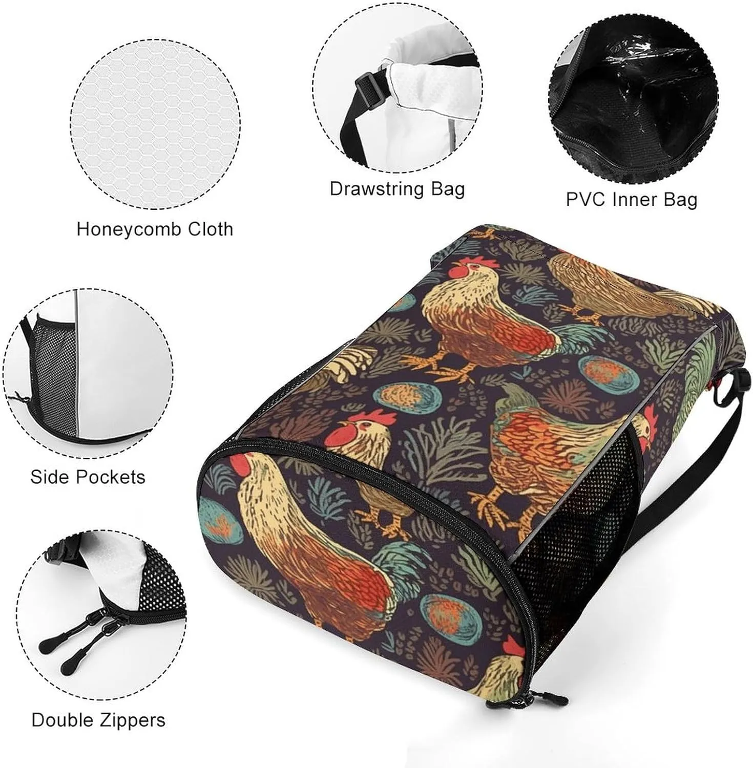 Sports Drawstring Backpack,Chicken Print String Swim Gym Bag with Shoes Compartment Gym Drawstring Bag