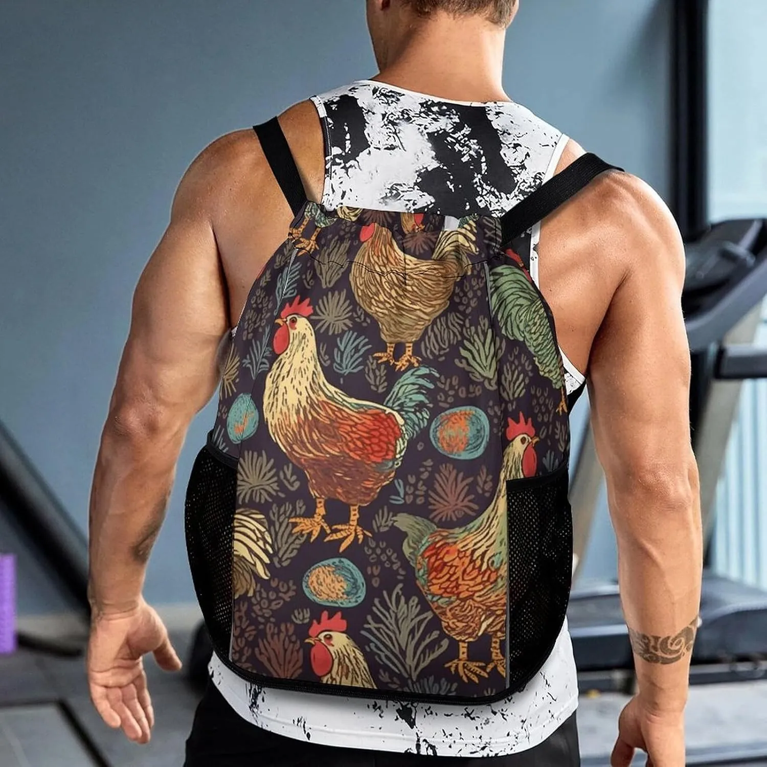 Sports Drawstring Backpack,Chicken Print String Swim Gym Bag with Shoes Compartment Gym Drawstring Bag