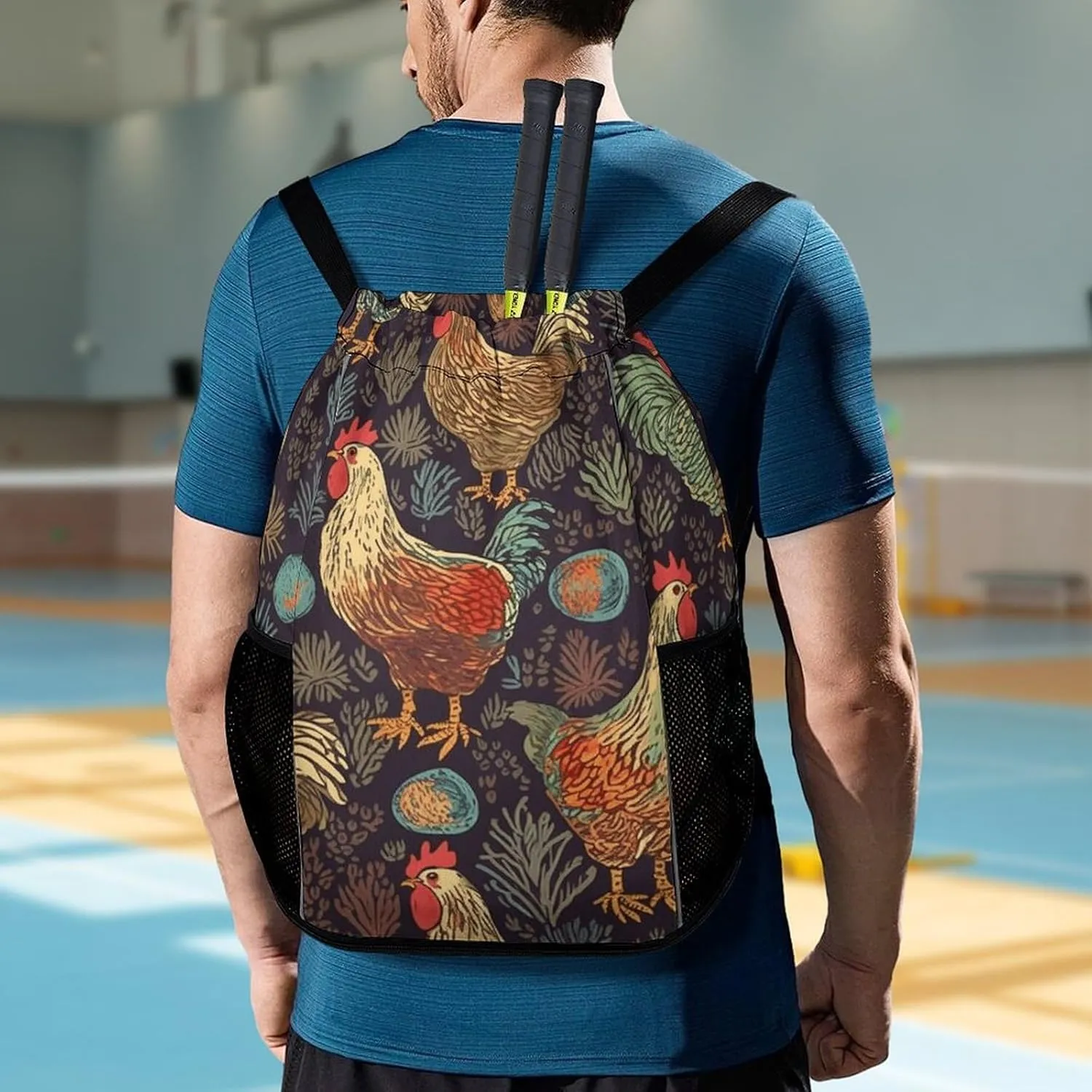 Sports Drawstring Backpack,Chicken Print String Swim Gym Bag with Shoes Compartment Gym Drawstring Bag