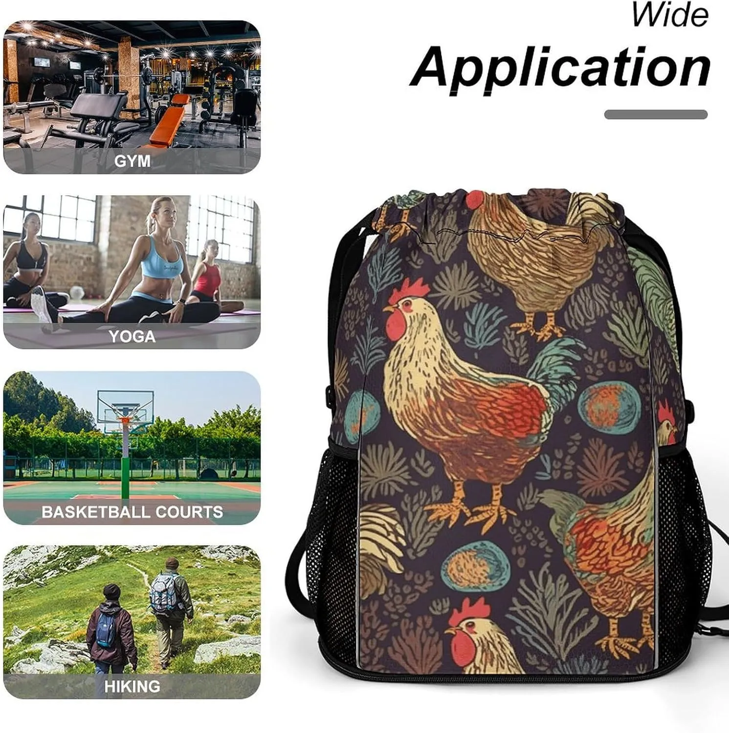 Sports Drawstring Backpack,Chicken Print String Swim Gym Bag with Shoes Compartment Gym Drawstring Bag