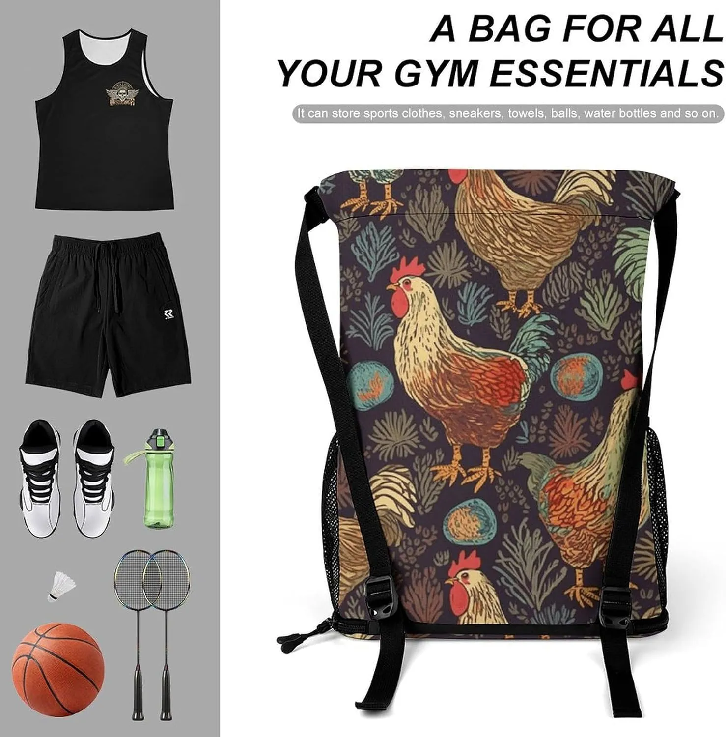 Sports Drawstring Backpack,Chicken Print String Swim Gym Bag with Shoes Compartment Gym Drawstring Bag