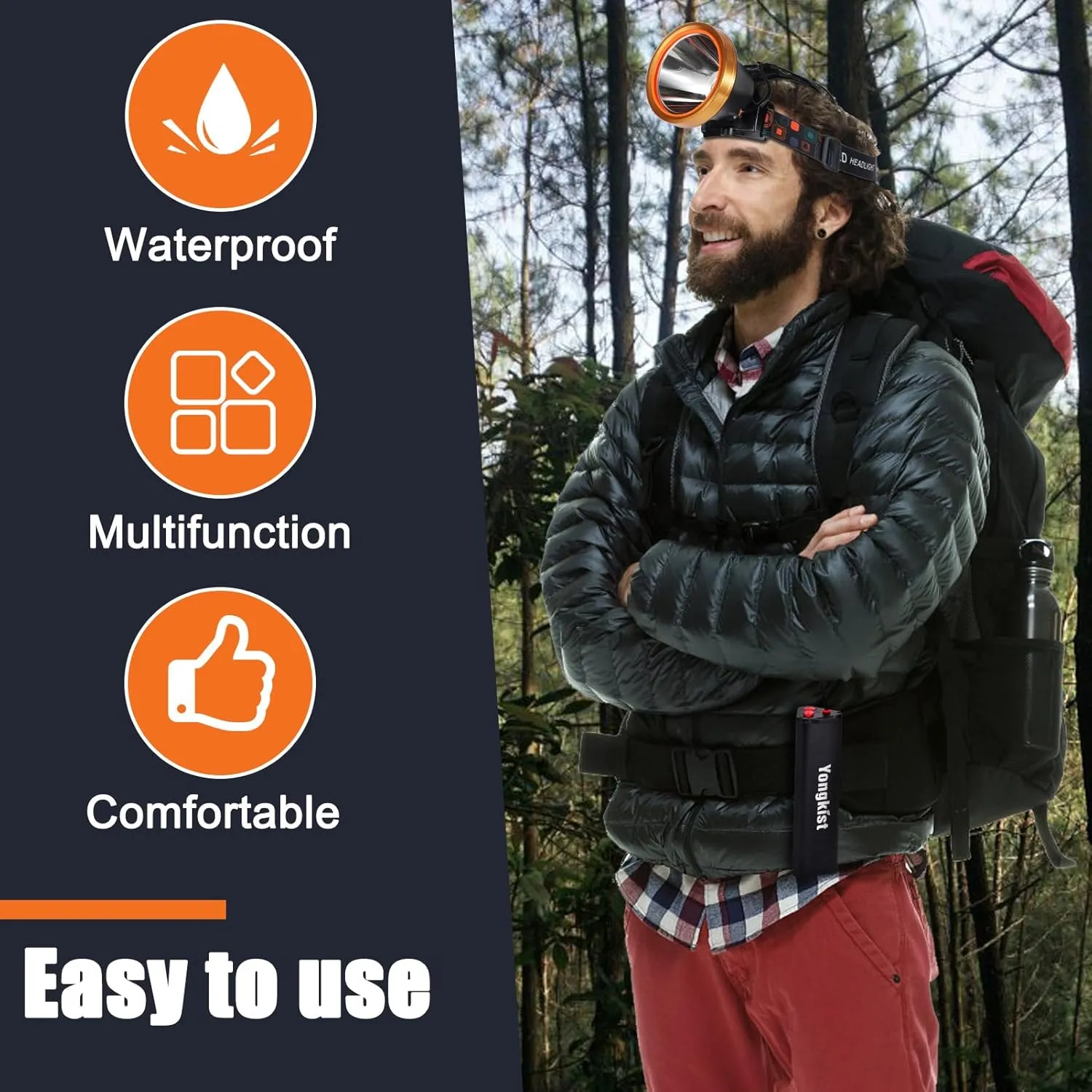 Super Bright Headlamp High Power Headlight Rechargeable LED Spotlight with Battery Powered Flashlight Torch Waterproof Coon Hunting Light for Garden Outdoor Camping Fishing (White Light)