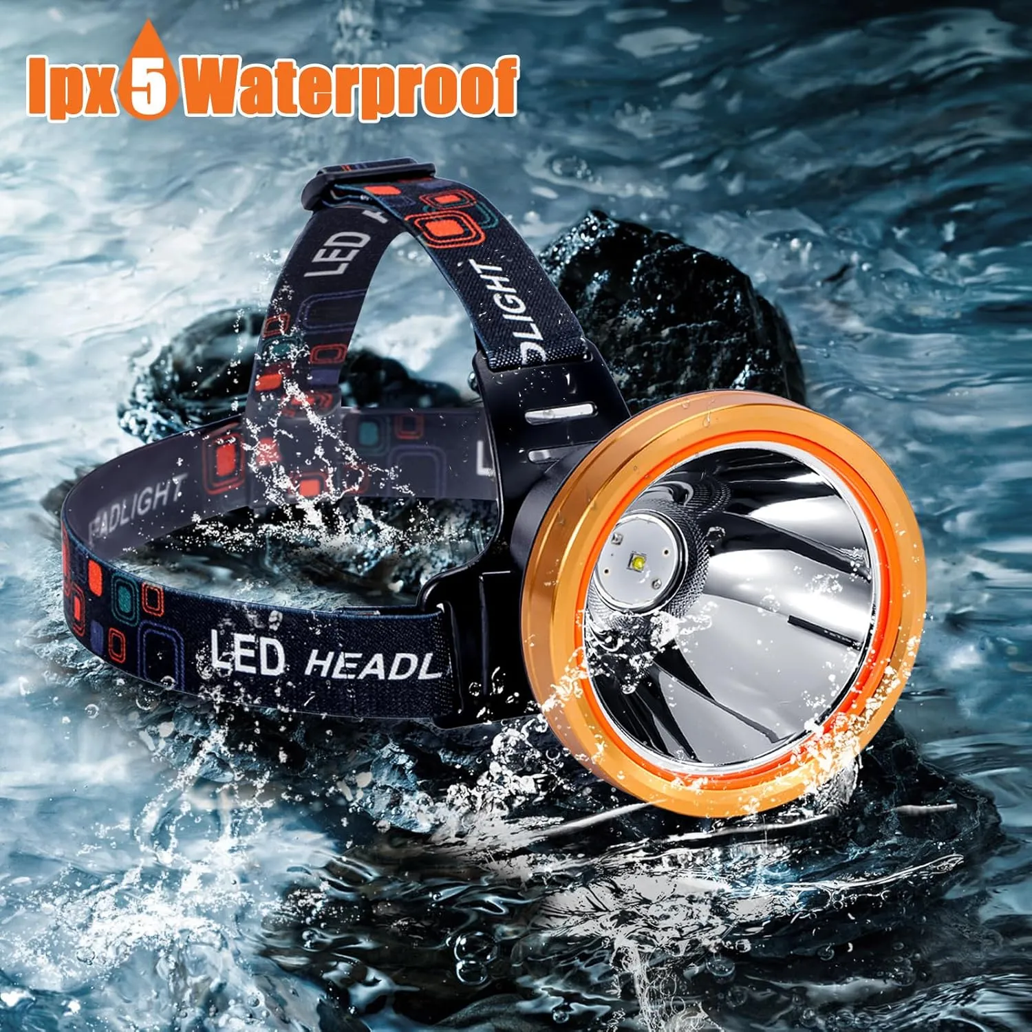 Super Bright Headlamp High Power Headlight Rechargeable LED Spotlight with Battery Powered Flashlight Torch Waterproof Coon Hunting Light for Garden Outdoor Camping Fishing (White Light)