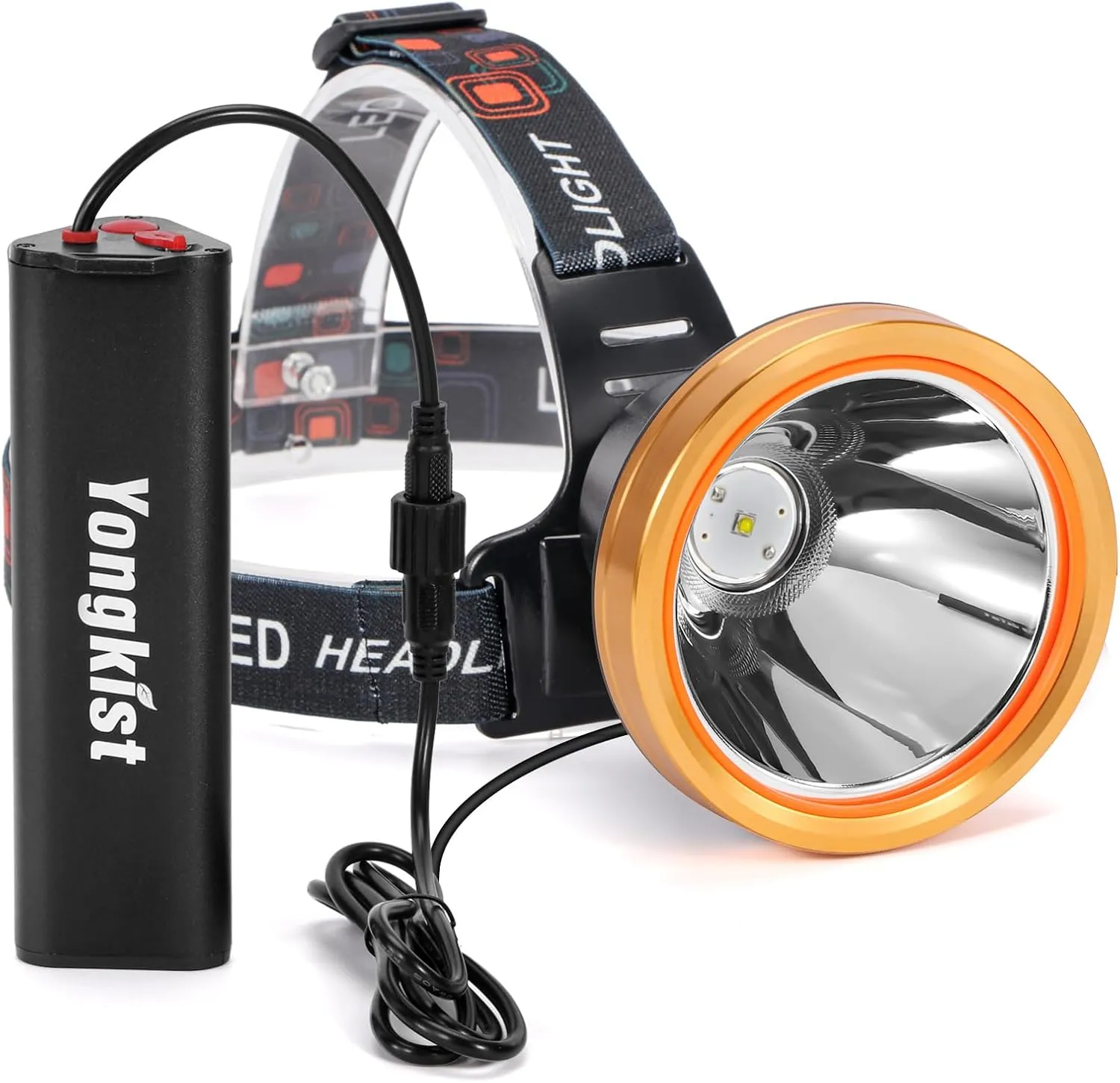Super Bright Headlamp High Power Headlight Rechargeable LED Spotlight with Battery Powered Flashlight Torch Waterproof Coon Hunting Light for Garden Outdoor Camping Fishing (White Light)