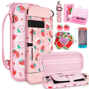TIKOdirect Carrying Case for Switch, Cute Portable Travel Bag Accessories with Soft Protective Cover, Screen Protectors and Thumb grip caps, Game Card Case 7in1, Pink