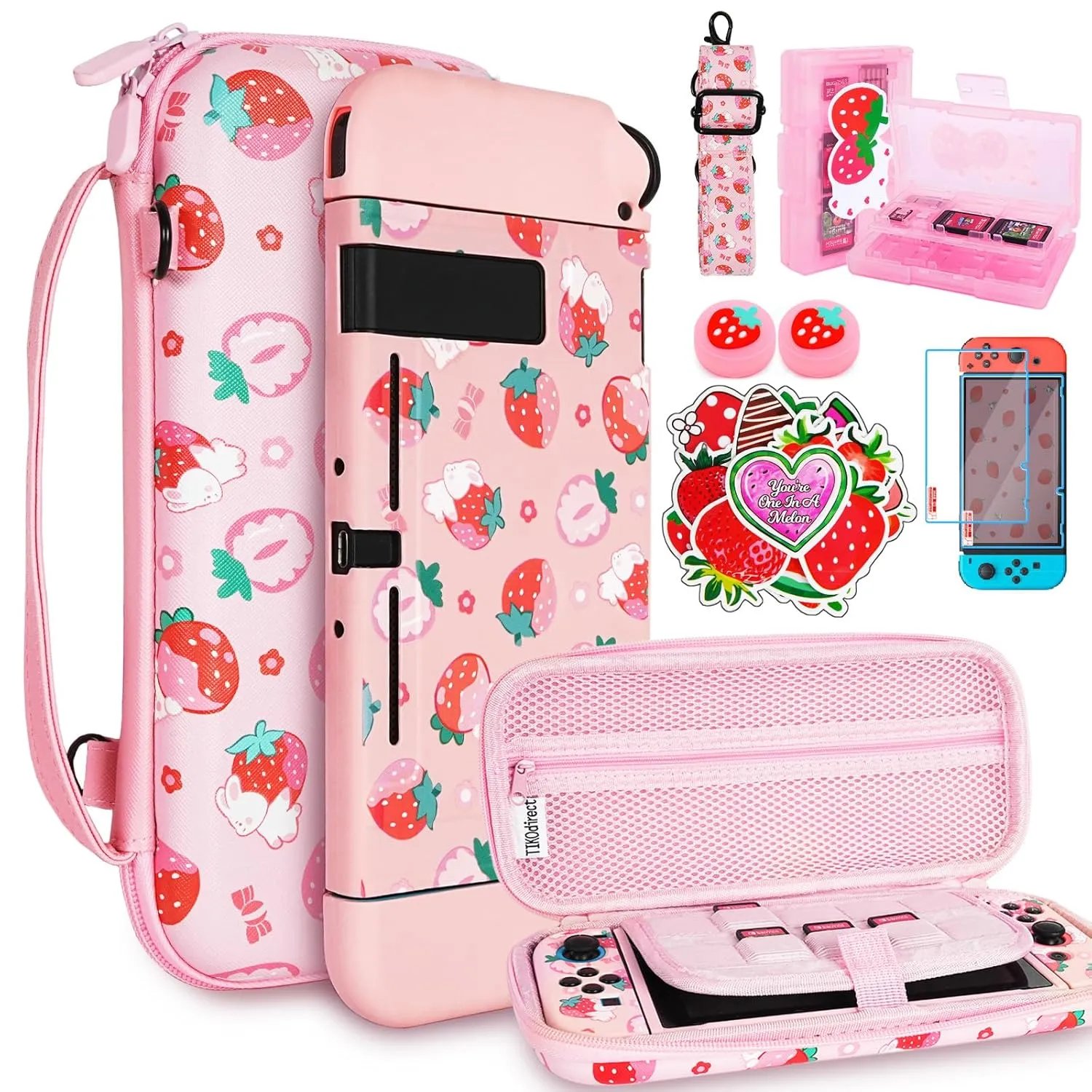 TIKOdirect Carrying Case for Switch, Cute Portable Travel Bag Accessories with Soft Protective Cover, Screen Protectors and Thumb grip caps, Game Card Case 7in1, Pink