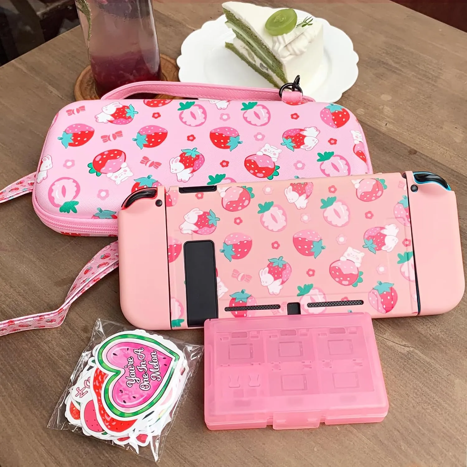 TIKOdirect Carrying Case for Switch, Cute Portable Travel Bag Accessories with Soft Protective Cover, Screen Protectors and Thumb grip caps, Game Card Case 7in1, Pink
