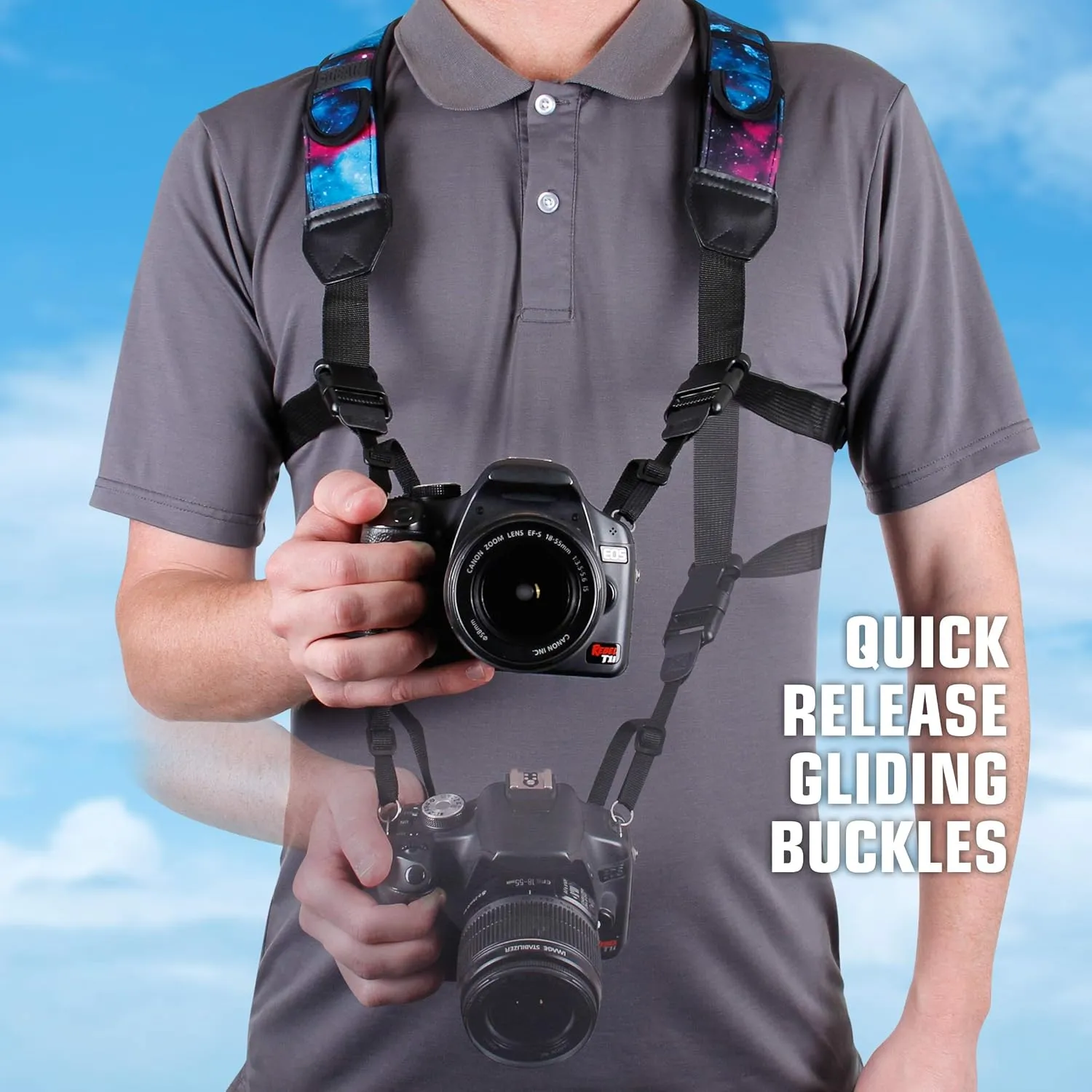 USA Gear DSLR Camera Strap Chest Harness with Quick Release Buckles, Galaxy Neoprene Pattern and Accessory Pockets - Compatible with Canon, Nikon, Sony and More Point and Shoot and Mirrorless Cameras