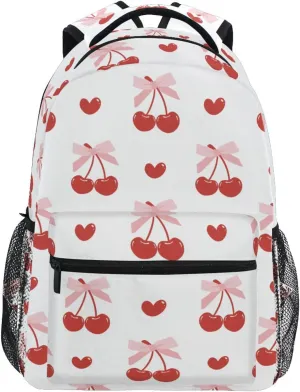 ZZKKO Red Cherries Pink Ribbon Bow Boys Girls School Computer Backpacks Book Bag Travel Hiking Camping Daypack